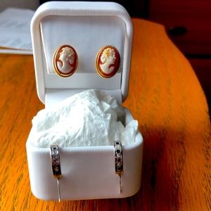 Cameo studs, white gold sapphire earrings